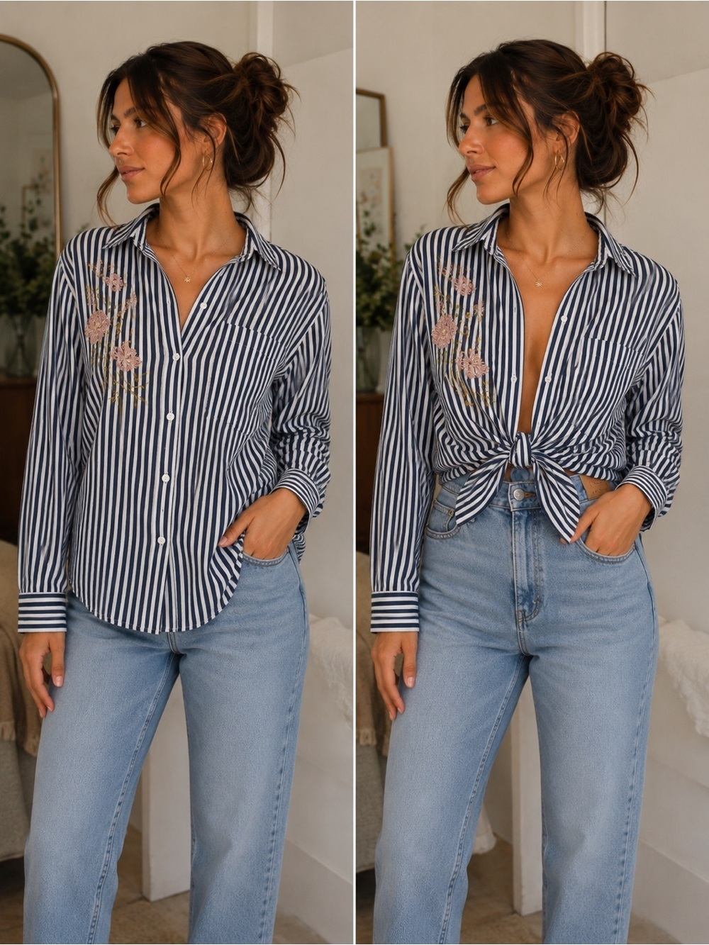 Velvet Heart Navy and White Striped Shirt embroidered/ boho / whimsical / preppy